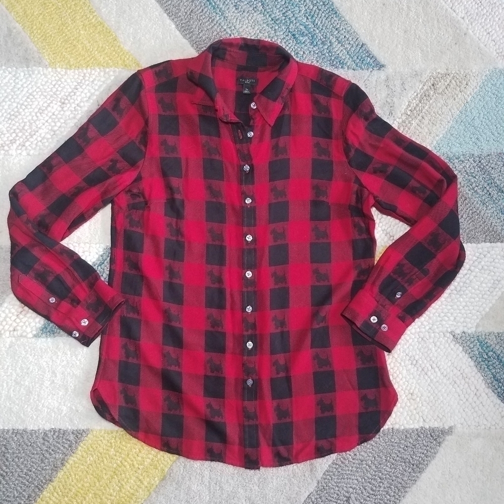 Talbots Scottie Dog Buffalo Plaid Button Down Top Blouse